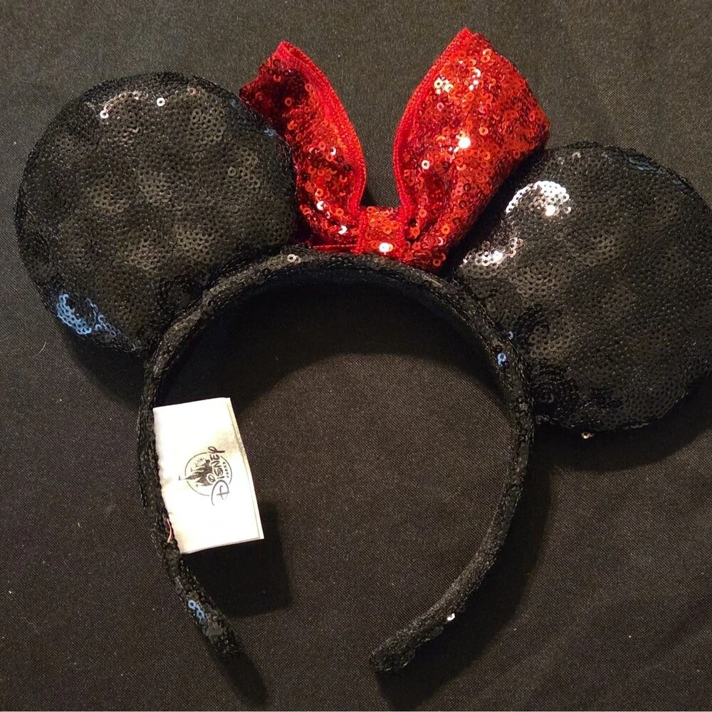 Disney Minnie Mouse Sequin Ear Headband Red Bow Black Red Fabric Party Accessory